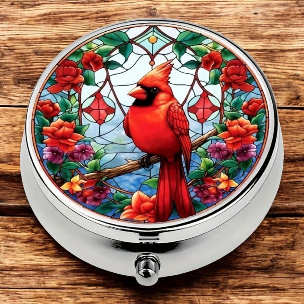 Cardinal Bird Pill Box Red Floral Mosaic Travel Case Medicine Organizer Tin Gift